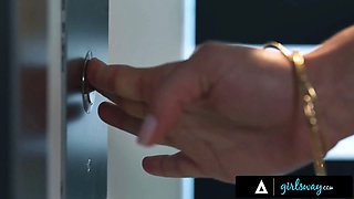 Girlsway - nasty coworkers Skylar Snow & angel teens nearly caught having sneaky office elevator sex