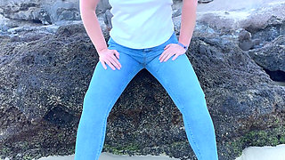 Peeing in Tight Jeans on the Beach