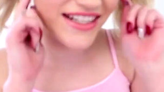 Cute blonde teen Holly Travis no hands blowjob and cum swallow