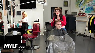 Finest milf barber in town Melody Mynx gives her customer a rod and a blowjob - mylf