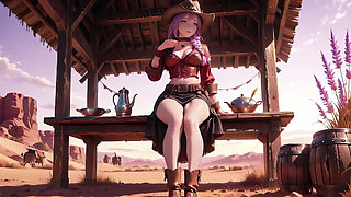 The Deadly Glance in the Desert Sunset. Shouldering a Rifle yet Hiding Her Heaving Chest.