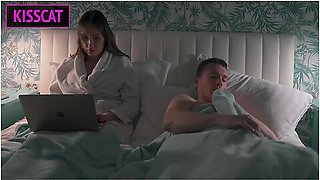 : Stepmom Helps To Cum Stepson In Share Bed While Working Till Get Pussy Creampie And Facial