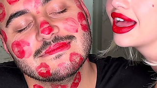 Red Lipstick Kisses Cover His Entire Face