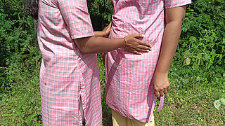 School student with uniform lesbian outdoor
