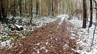 Smashing Her Tits While Hiking in the Snow