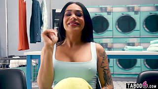Laundromat three way with 2 buxom nymphs and a steamy transgender princess