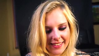 Hot blonde girl sucks cock while talking on phone