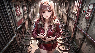 Tight Leather Suit Hugging Her Perfect Hips. She Lounges on the Broken Train Car, Hand Stroking Armor, Eyes Hazy yet Fierce.