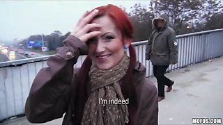Czech red haired is paid cash to flash and blow shaft in public