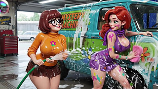 Velma and Daphne Enjoy a Sensual Soapy Nude Car Wash Cleaning the Classic Mystery Machine Van Thoroughly