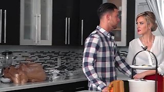 Dude bangs gf and stepmom in kitchen