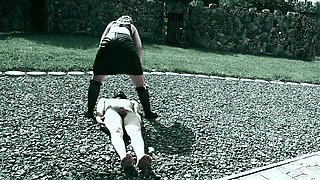 I allow him to wank while I PISS on his COCK - Toilet slavery Castle Outdoor