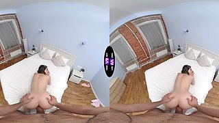 Brunette babe in Funkytown flaunts her shiny bald beaver and perky naturals